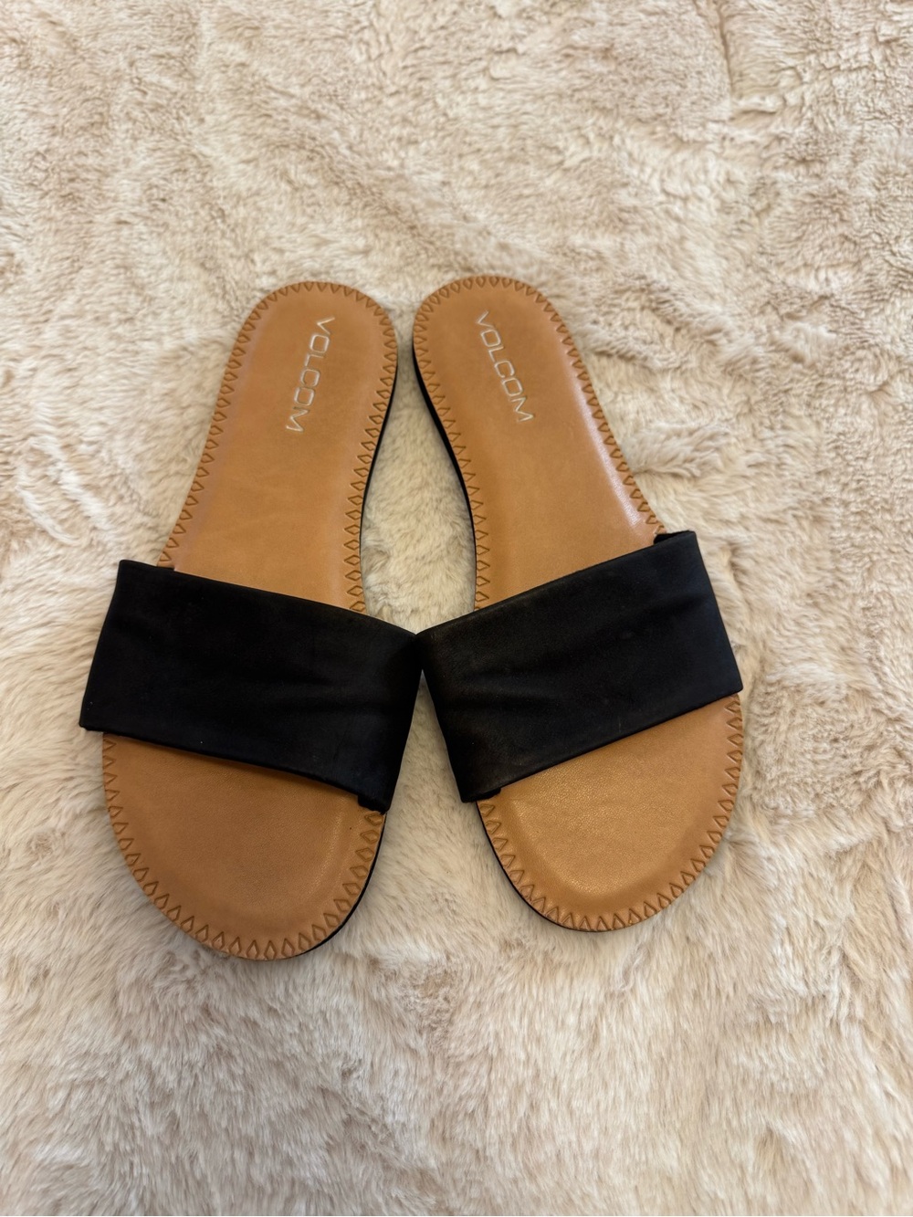 Volcom Black Slide Sandals with Tan Footbed